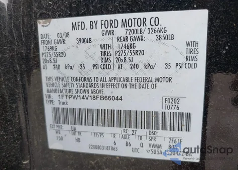 2008 Ford F-150 Lariat z USA, uszkodzony, nr VIN 1FTPW14V18FB66044